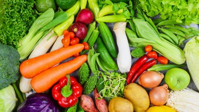 Mixed vegetables and fruits background healthy food clean eating for health / Assorted fresh ripe fruit red yellow purple and green vegetables market harvesting agricultural products